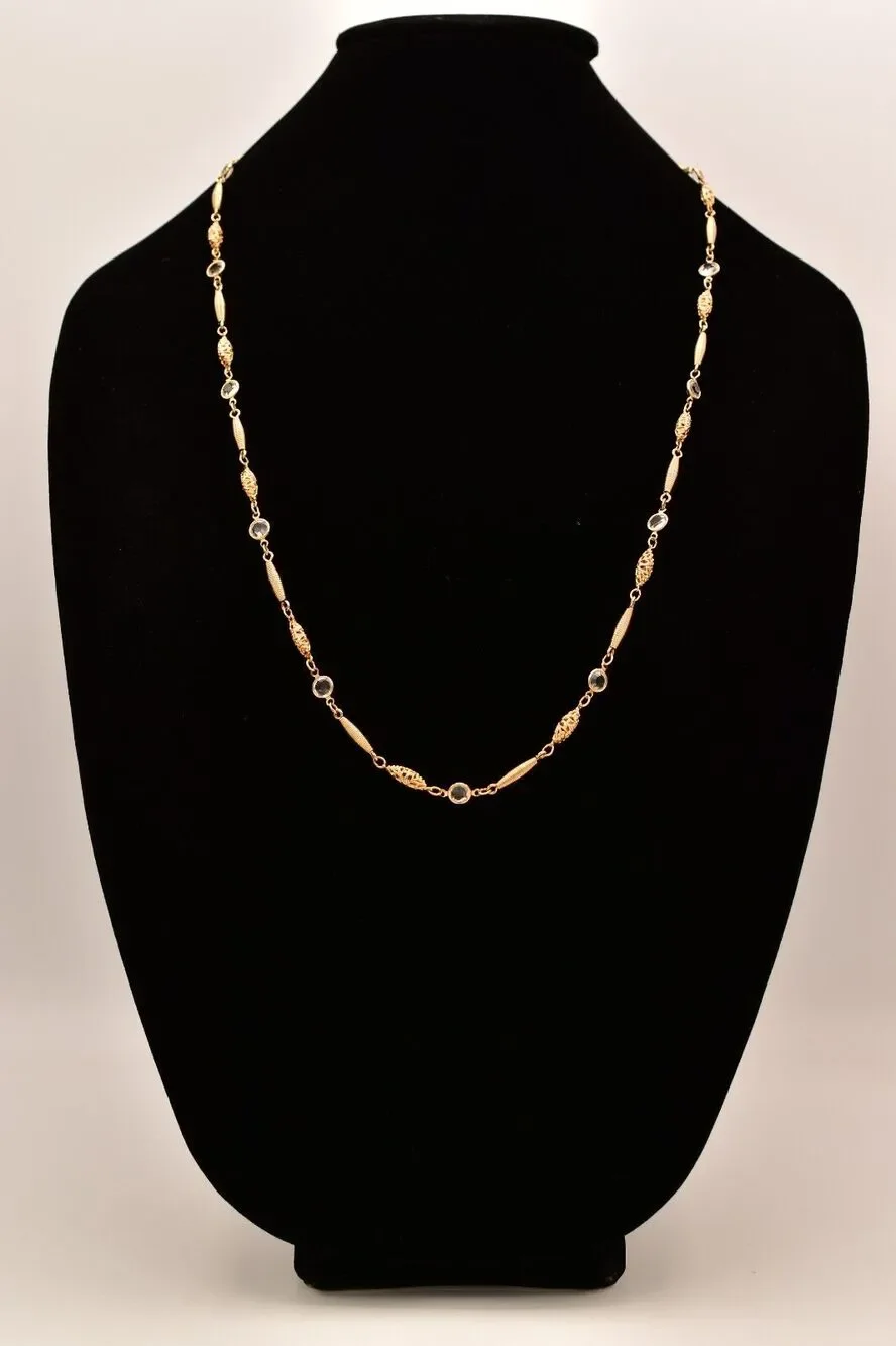 Vintage Crystal Open Bezel Chain Necklace Gold Tone Linked Shiny 1980s BinBE
